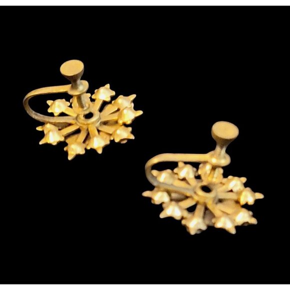 Vintage Sunburst Design Gold Tone Screw Back Earrings Blue & Clear Stones 1950s - Picture 5 of 5